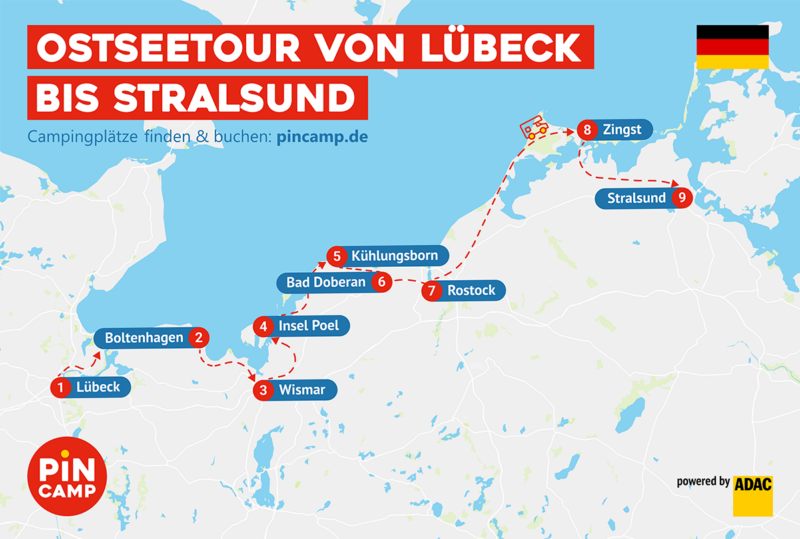Routengrafik Osteetour von Lübeck bis Stralsund