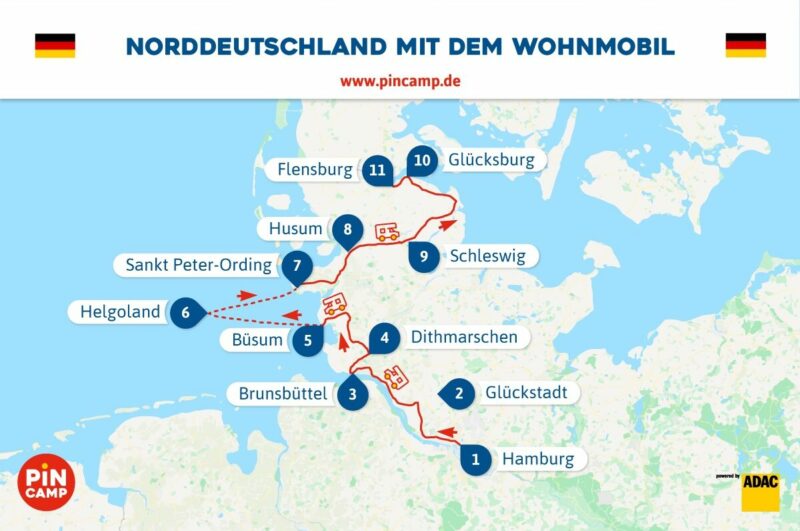 Route durch Norddeutschland von Hamburg bis Glücksburg.