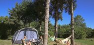 Zeltplatz mit Hängematte zwischen den Bäumen auf dem Campingplatz
