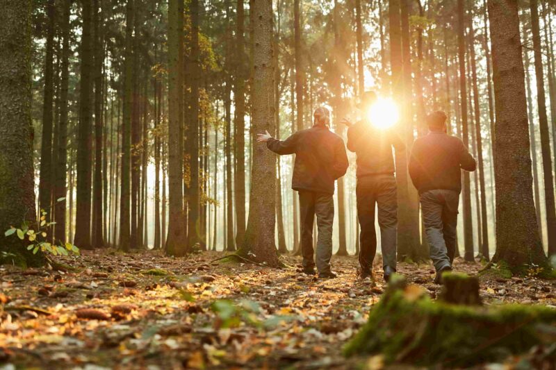 Camper suchen im Wald nach dem Altglas