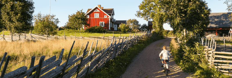 Kleiner Junge radelt auf Feldweg in Schweden