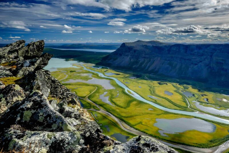 Blick vom Skierfe auf das Rapadalen-Delta, Lappland, Schweden