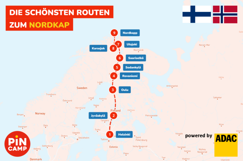 Route zum Nordkap über Finnland