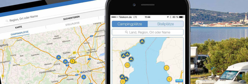 ADAC Produkt Campingreiseführer App auf Tablet und Mobiltelefon